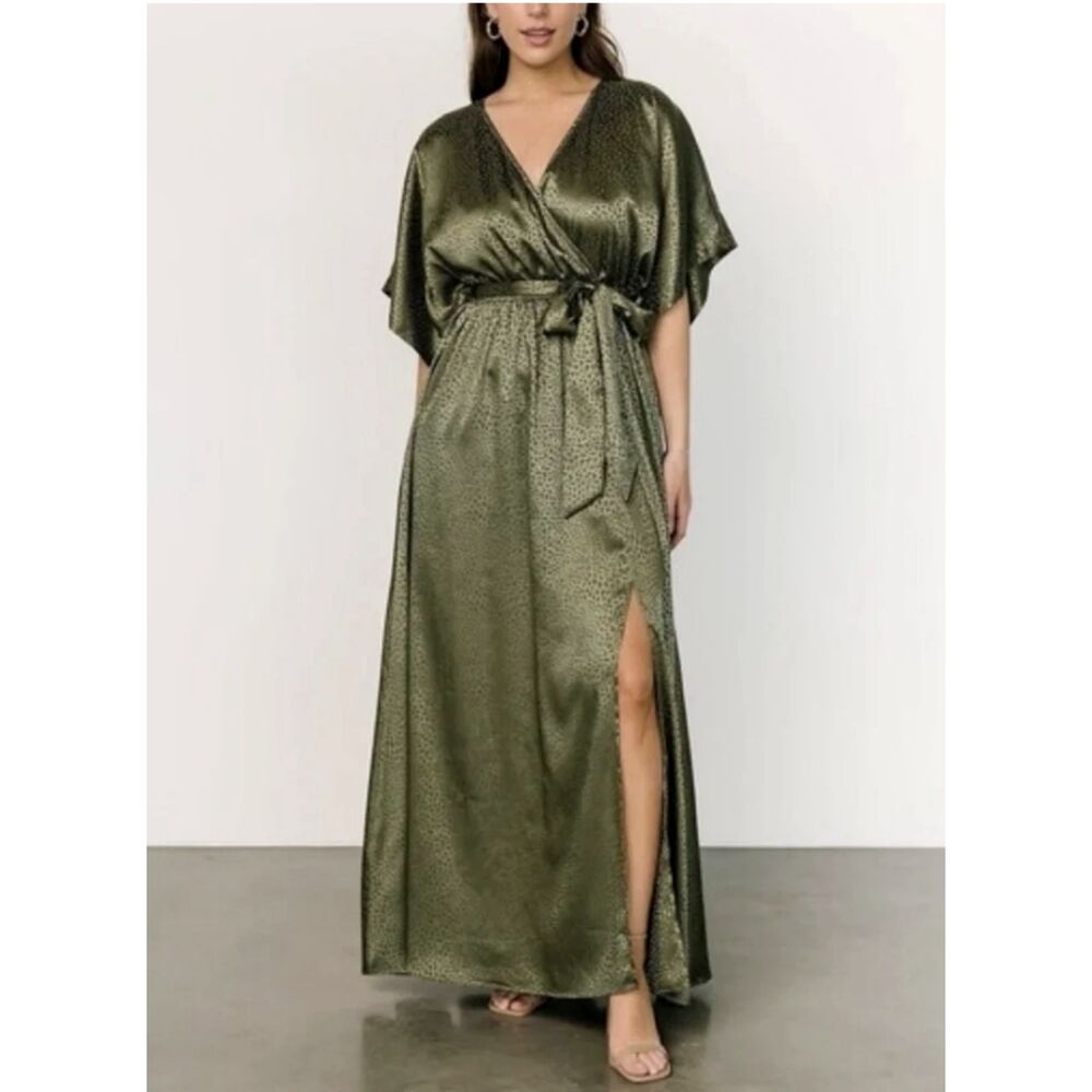 NWT BALTIC BORN Savannah Satin Olive Green Leopard Print Maxi Dress Womens Small